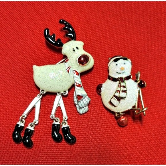 Christmas Pins Brooches Set of 2 Christmas Rudolph Reindeer Skiing Snowman Pins - Picture 1 of 10